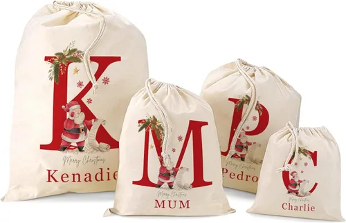 JugJug Bolsas de regalo personalizadas de Navidad con inicial y nombre, cajas de lona de Santa Claus, bolsas de Navidad con cordón para niños,