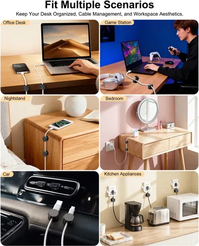 Miniatura 7 de OneLeaf Paquete de 12 clips de cable de resorte giratorios de 360° [1s bloqueo], soporte de cable adhesivo para mesita de noche, soporte de cable