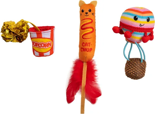 Catstages Juguetes para gatos Pawrty, paquete de 3 juguetes de peluche con hierba gatera, crujido, plumas y lanzador, multicolor