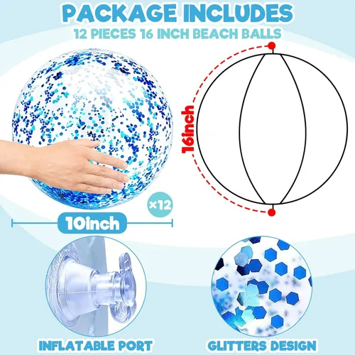 Miniatura 2 de Paquete de 12 bolas de playa inflables con purpurina a granel, pelota de playa de 16 pulgadas, juguetes para juegos de adultos y niños, decoración