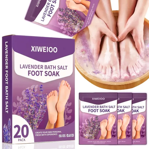 Sales de remojo de pies con sal de Epsom para remojar lavanda kit de pedicura para baño de pies, paquete de 20 sales marinas de baño, pedicura para