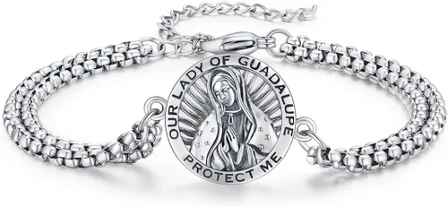 Miniatura 99 de Pulsera unisex de San Miguel/Cristóbal/Benedicto/Jude/José/Guadalupe/Ángel de la Guarda/Santa Muerte Pulsera de plata de ley 925 con cadena de doble