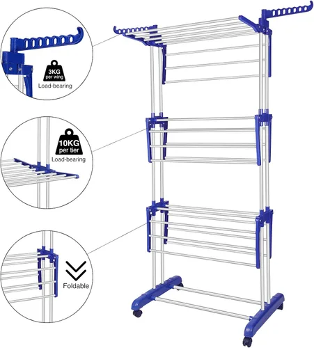 Miniatura 4 de Estante de secado de ropa, de acero inoxidable, de gran tamaño, plegable, de 4 niveles, estante de secado de ropa plegable para interiores