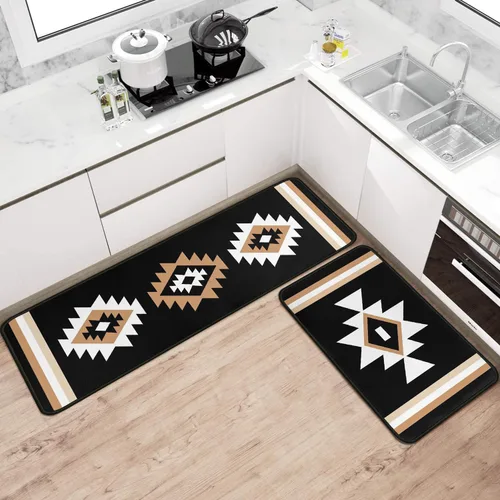 Miniatura 4 de Juego de 2 tapetes de cocina estilo bohemio para cocina, diseño azteca occidental, color negro, antideslizantes, lavables, para el suelo, 2 piezas