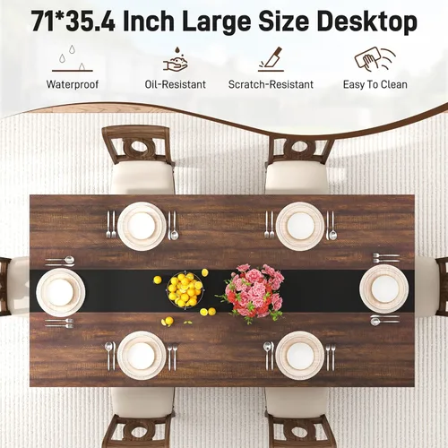 Miniatura 5 de chartustriable Mesa de comedor para 4 a 6 personas, mesa de cocina moderna grande de 71 pulgadas con diseño de camino de mesa integrado, mesa