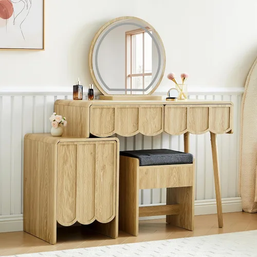 ORRD Escritorio de tocador con espejo y luces, juego de escritorio de tocador moderno de panel de madera ondulada, mesa de maquillaje con cajones y