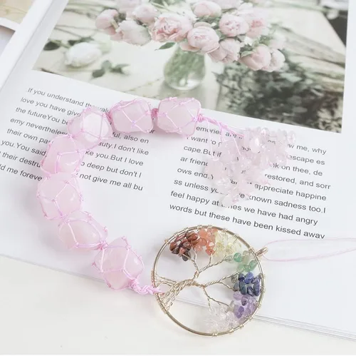 Miniatura 2 de Adornos colgantes de piedras de chakra del árbol de la vida, espejos retrovisores de automóvil, decoración de cristal curativo, accesorios