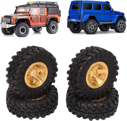 Miniatura 8 de VGEBY Ruedas de coche RC, neumáticos RC de 1 pulgada, cubo de rueda de latón, neumáticos de automóvil RC para FCX24 118 124 Crawler 4 piezas (dorado)