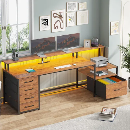 Miniatura 15 de SEDETA Escritorio para oficina en casa con cajón de archivos y toma de corriente, escritorio grande para computadora de 75' con 5 cajones, estantes