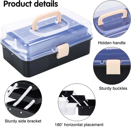 Miniatura 3 de Organizador de manualidades, caja de aparejos plegable portátil de 3 capas, caja de herramientas de plástico con asa para suministros de costura