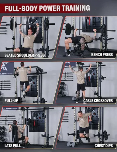 Miniatura 8 de MAJOR FITNESS Drone3 Smith Machine, 2500 libras todo en uno para gimnasio en casa con sistema de polea doble para cable cruzado, barras de dominadas