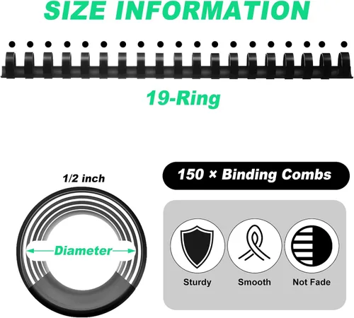 Miniatura 2 de Yunsailing Paquete de 150 peines de plástico para encuadernación de plástico, 19 anillos de encuadernación con espiral, tamaño carta, para Negro