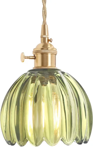 Shenmoyl Lámpara colgante con pantalla de cristal de tulipán verde, lámpara colgante vintage de latón, luz colgante ajustable para cocina, isla,