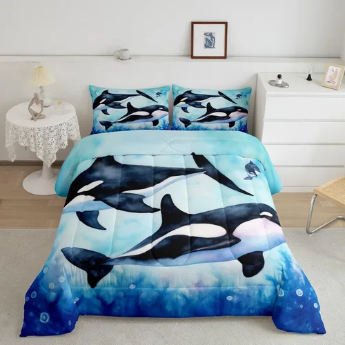 Juego de edredón Queen de orcas y orcas de orcas y medusas del mundo submarino, para niños y niñas, animales marinos profundos, vida marina, 3 Color