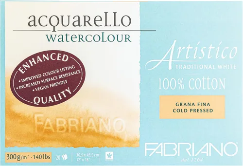 Fabriano Artistico Bloque de acuarela blanco tradicional, 140 lb./300 GSM, prensa en frío, 20 hojas, 12" x 18"