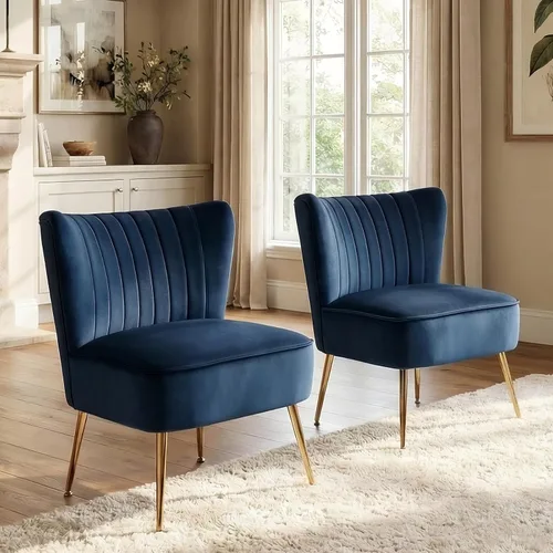 Miniatura 12 de DUOMAY Juego de 2 sillas de acento modernas de terciopelo tipo slipper con patas doradas, silla lateral con respaldo alado para sala de estar, Rojo