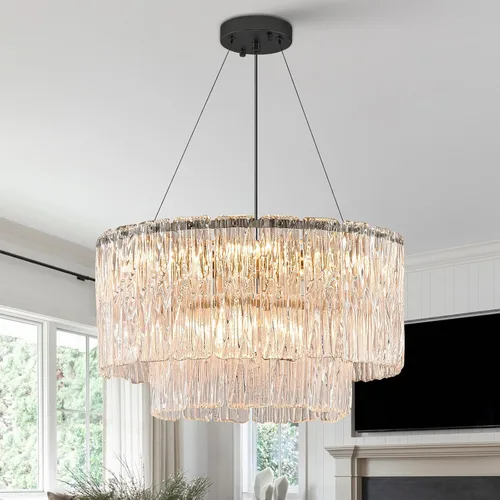 Miniatura 20 de CATINER Candelabro de cristal de 20 pulgadas, moderno, 6 luces, lámparas de tambor dorado, iluminación colgante de techo de lujo para entrada