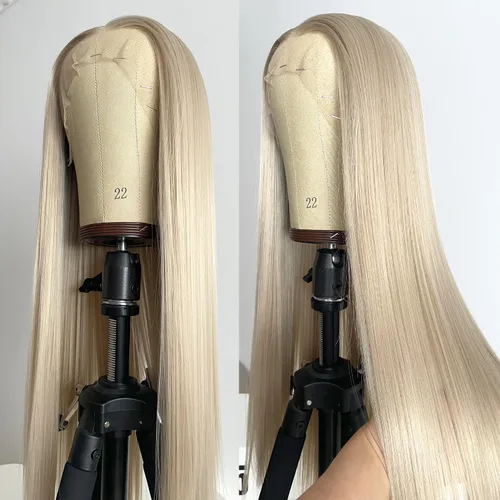Miniatura 4 de Peluca con encaje frontal rubia ceniza, de 22 pulgadas de largo cabello sintético lacio, línea capilar prerasgueada, fácil de instalar, ligera