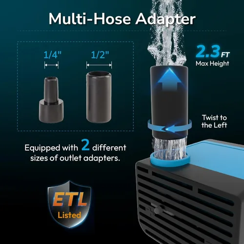 Miniatura 4 de Hexago Bomba de fuente pequeña, 80 GPH (4.2 W 300 L/H) Mini bombas sumergibles, 3 adaptadores de salida, bombas sumergibles para fuente de agua