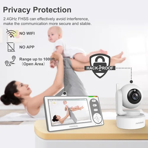 Miniatura 6 de HelloBaby Monitor de Bebé con Video de 4.3'' con Batería de 30 Horas, Monitor de Bebé con Pan-Tilt-Zoom Remoto Sin WiFi, Monitor de Bebé con Cámara