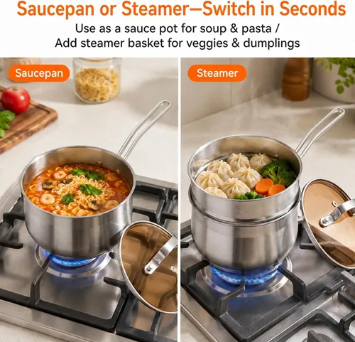 Miniatura 4 de WANGYUANJI Cacerola de acero inoxidable de 2.5 cuartos de galón con cesta de vapor, olla de vapor multiusos 2 en 1 para cocinar, verduras y pastas