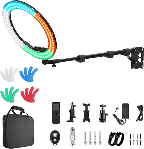 18” Ring Light with Wall Mount Stand and Wireless Remote, 4 Color Filters Bi-Color LCD Display 60W 3000-5800K CRI≥97 Light Ring for Video