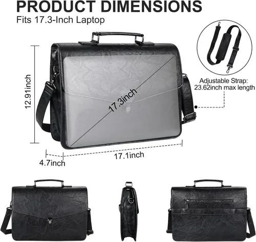 Miniatura 4 de ESTARER Maletín de cuero para hombre de 17.3 pulgadas, bolsa de mensajero para computadora portátil, resistente al agua, para trabajo, oficina, Negro