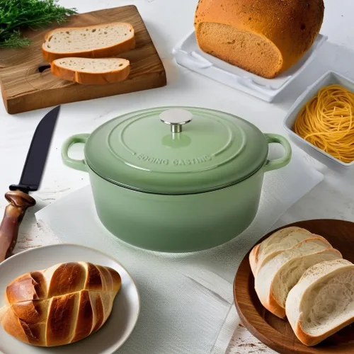 Miniatura 5 de EDGING CASTING Olla de hierro fundido esmaltada con tapa para horno holandés, 5.5 cuartos de galón, para hornear pan, cocinar, verde pistacho