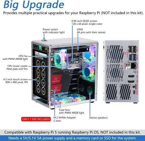 Miniatura 2 de FREENOVE Raspberry Pi 5 Case Kit Pro (con 1 unidad de estado sólido SSD de 128 GB), ranuras SSD M.2 NVMe duales, 5 ventiladores PWM ARGB
