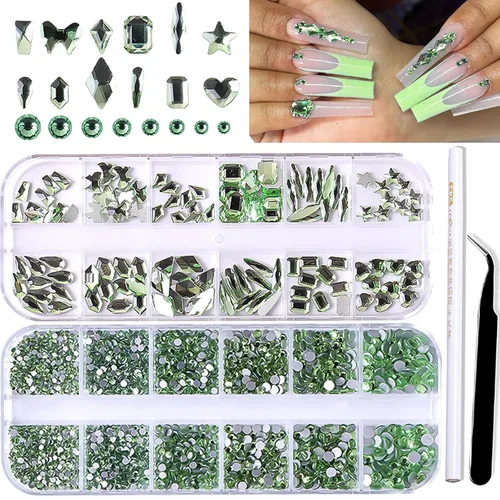 BELICEY Diamantes de imitación para arte de uñas, Día de San Patricio, color verde oliva, con parte trasera plana, piedras preciosas para uñas con