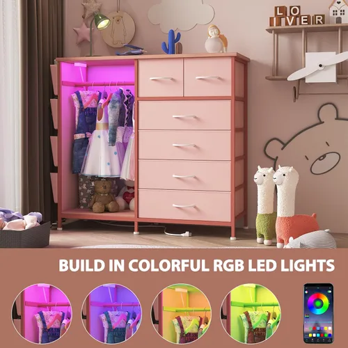Miniatura 5 de Cómoda de 6 cajones para dormitorio con perchero, cómoda con bolsillos laterales y ganchos, estación de carga y luces LED, parte superior de madera