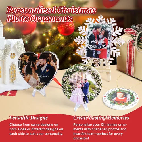 Miniatura 8 de Adornos de Navidad personalizados de doble cara con foto, adorno de Navidad personalizado 2025, adornos de corona de Navidad personalizados