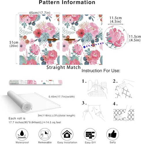 Miniatura 6 de HAOKHOME - Papel pintado floral para despegar y pegar, acuarela, cactus, blanco/rosa/verde/azul marino, vinilo autoadhesivo, papel de contacto