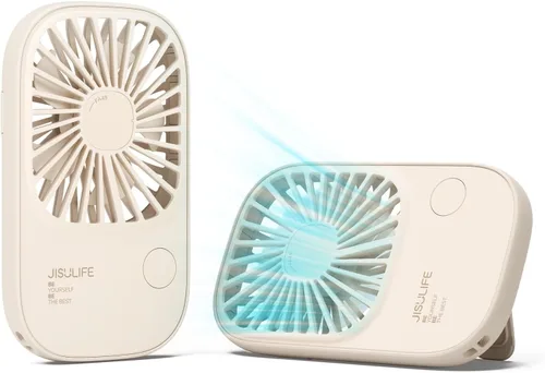 JISULIFE Mini ventilador de pestañas de mano con soporte, pequeño ventilador de maquillaje personal recargable por USB, con 3 velocidades para Beige