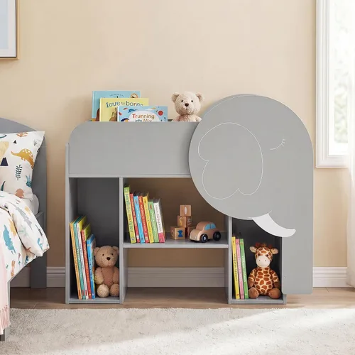 Miniatura 8 de Costzon Estantería elefante para niños, organizador de almacenamiento de juguetes de 3 niveles con pizarra, 5 cubos y juguete de ábaco de 3 filas