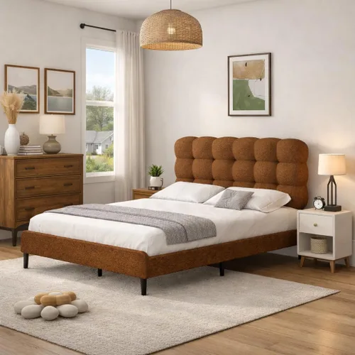 Miniatura 7 de Base de cama individual BarnFurin, cama plataforma con cabecero tapizado, base de cama de tela de bouclé suave con soporte de listones de madera