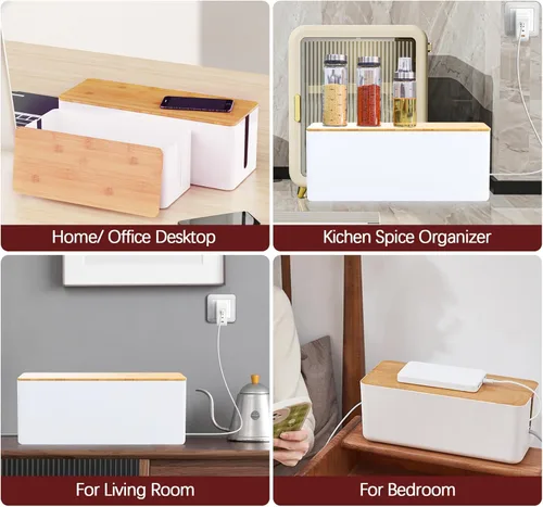 Miniatura 5 de Caja organizadora de cables, paquete de 2 cajas organizadoras de cables grandes de madera para la oficina y el hogar, caja organizadora de cables 2