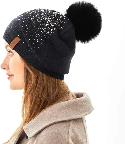 Miniatura 6 de Gorro de invierno para mujer con pompón de piel sintética cálido suave con diamantes de imitación para mujer