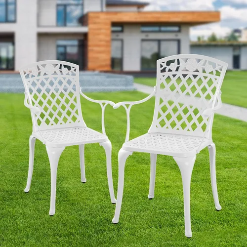 Miniatura 10 de Juego de 2 sillas de patio de aluminio fundido, sillas de comedor al aire libre con respaldo alto, sillas de patio de metal, sillas de bistró
