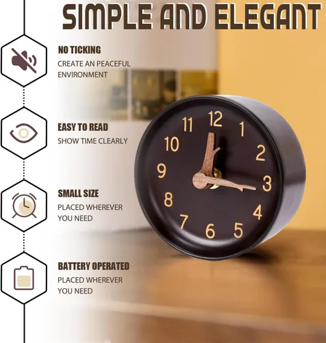 Miniatura 6 de Reloj de escritorio analógico de madera, pequeño, redondo, de cuarzo, funciona con pilas, sin tictac, silencioso, para oficina, sala de estar, 4