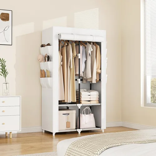 Miniatura 8 de VTRIN Armario Portátil Guardarropa Armario para Colgar Ropa con 4 Estantes de Almacenamiento, 2 Varillas para Colgar y 6 Bolsillos, Perchero Estable