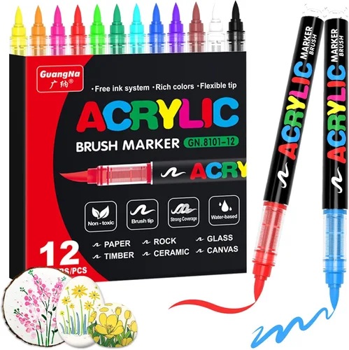 Marcadores de pintura acrílica Guangna, 12 colores con sistema de control de tinta líquida directa, pincel de pintura de grado profesional para