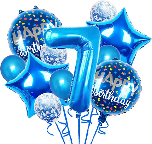 Globos, 11 globos de aluminio de 7 años para decoración de fiesta de cumpleaños de 7 años, globos de confeti, globos de fiesta de cumpleaños, globos