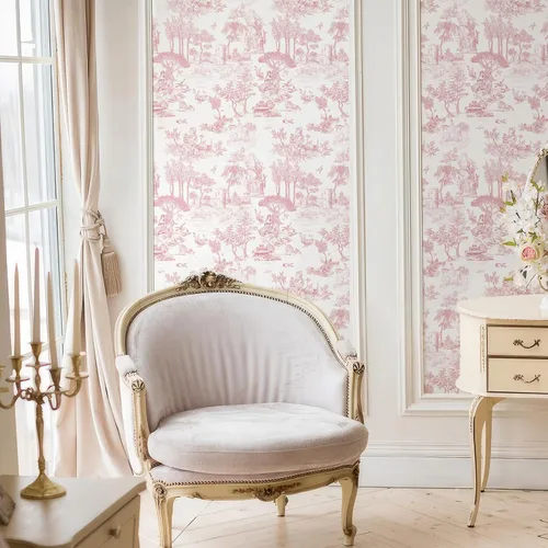 Miniatura 8 de WENMER Papel Tapiz Toile, 17.7" X 118" Rosa y Blanco Despegar y Pegar Papel de Pared, Papel Tapiz Toile de Jouy, Papel de Contacto Vintage Francés