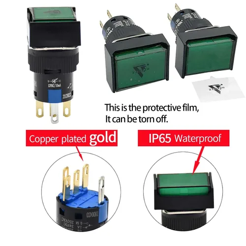 Miniatura 4 de Interruptor de botón rectangular de 0.630 in, contacto plateado, certificado UL con luz de 24 V CC SPDT de 5 pines de encendido/apagado con cable