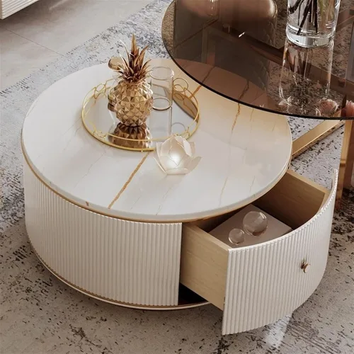 Miniatura 7 de Mesa de té para sala de estar, mesa de centro redonda moderna, juego de 2, mesa de centro circular con parte superior y cajón únicos, mesa central