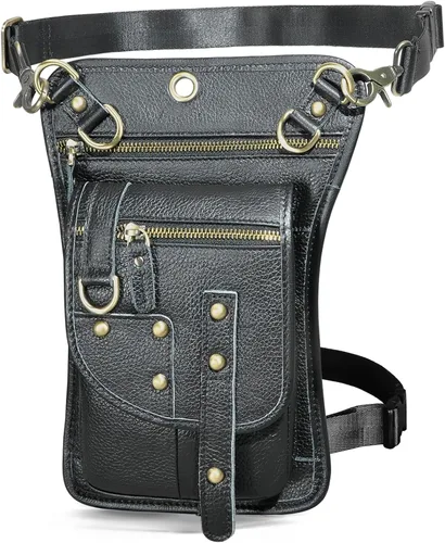 Handadsume Riñonera de lona resistente al agua + cuero para motocicleta, riñonera de viaje para muslo, bolsa para hombres y mujeres, FB2141, 100%