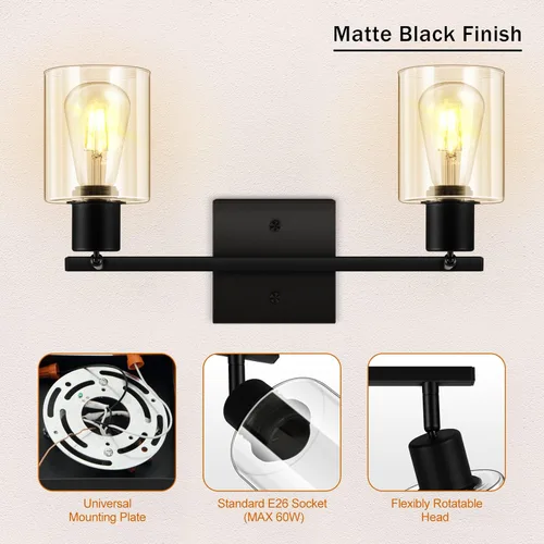 Miniatura 5 de Accesorios de iluminación de riel de techo para cocina, luces de pared negras de 2 luces, iluminación LED moderna con pantalla de vidrio, cabezal