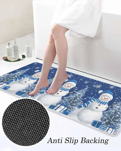 Miniatura 5 de Prime Leader Juego de 2 tapetes de cocina con diseño de muñeco de nieve de Navidad, copos de nieve, azul marino, antideslizantes, tapetes lavables