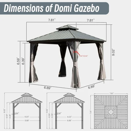 Miniatura 7 de Domi - Cenadores de techo rígido de 8 x 8 pies, cenador de metal de aluminio con toldo de doble techo de acero galvanizado, cortina y red, pabellón